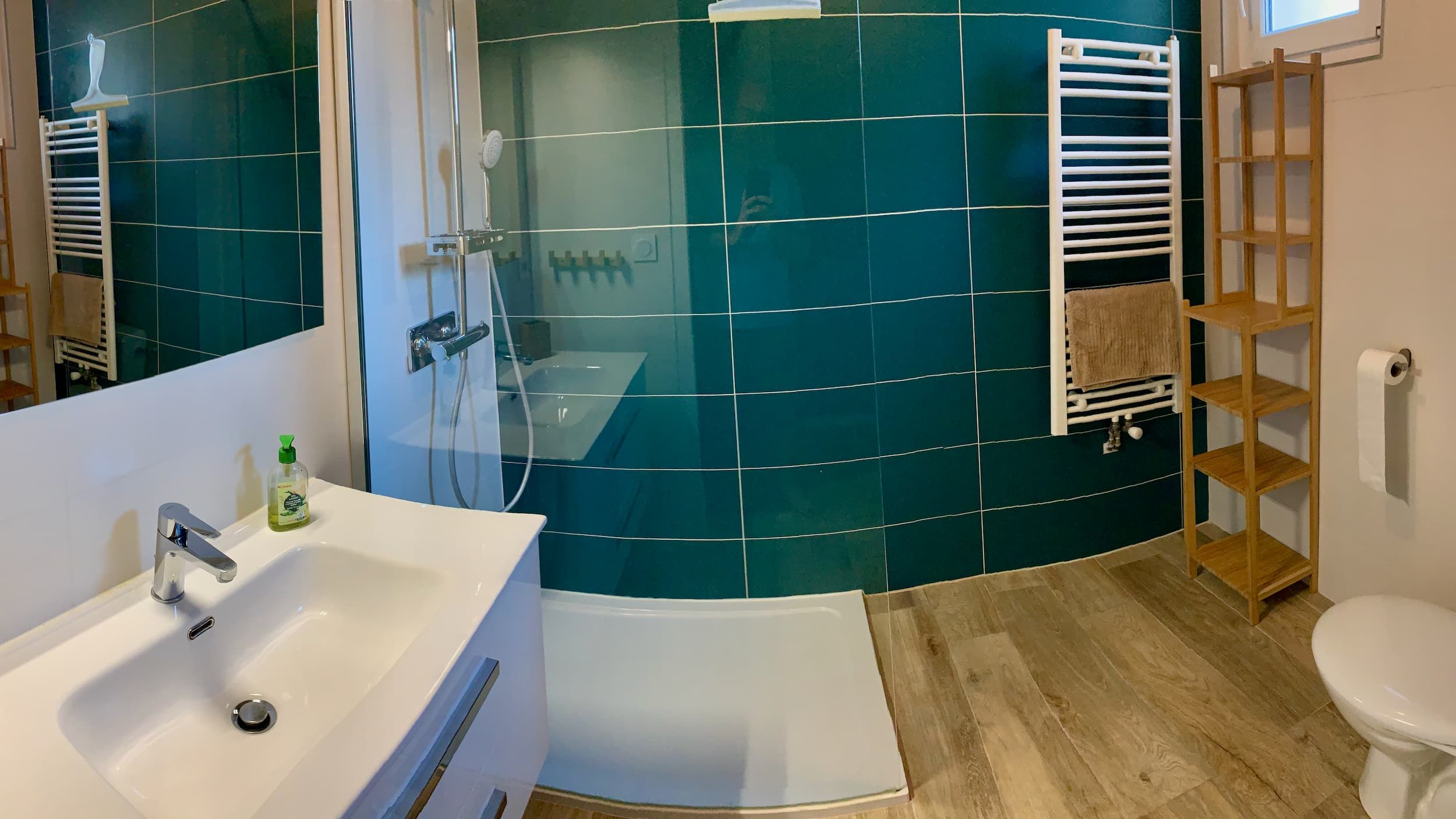 Vue de la chambre avec le lit double, le placard et la bibliothèque